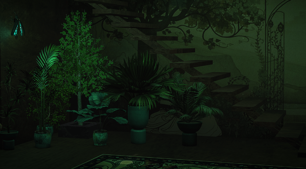Second Life screenshot of a greenlit room, filled with potted plants