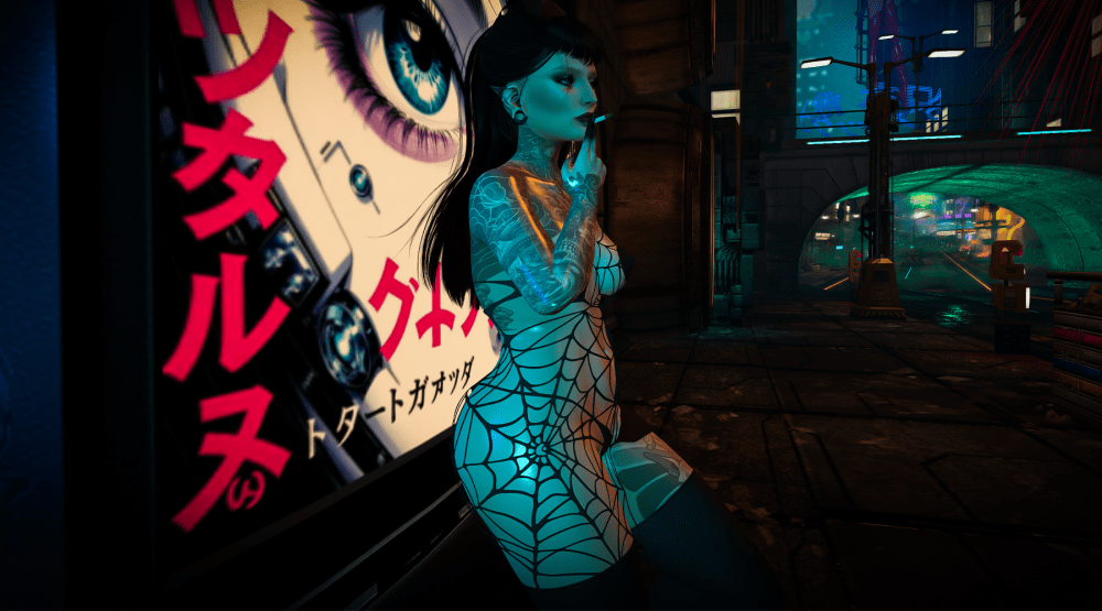 A female Second Life avatar stands in a neon-lit cyberpunk city street, leaning against a glowing Japanese billboard. She has dark hair, glowing tattoos, and wears a tight spiderweb-patterned outfit. Holding a cigarette, she looks out into the futuristic scene filled with colorful lights, reflections, and urban atmosphere.