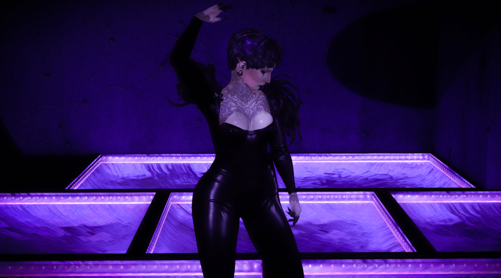 Second Life avatar dancing on a glowing purple-lit platform, wearing a black, form-fitting outfit with feathered shoulders, short dark hair, and intricate chest tattoos, posed dramatically under moody nightclub lighting.