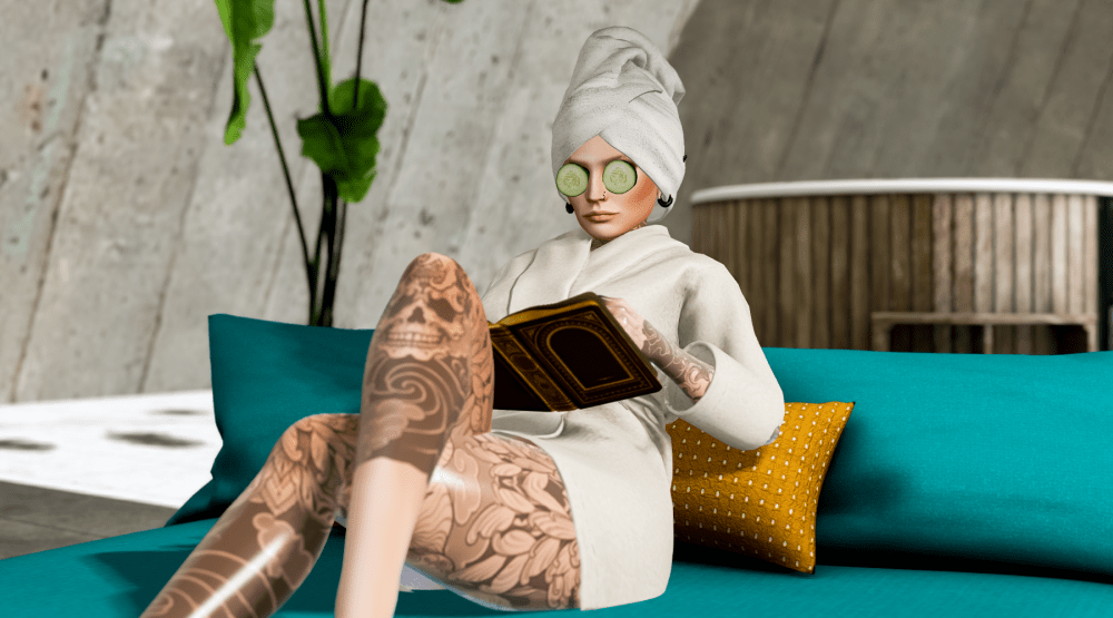 Second Life avatar relaxing on a teal sofa in a spa setting, wearing a white bathrobe and towel turban with cucumber slices over their eyes, reading a book, surrounded by calm, minimalist decor.