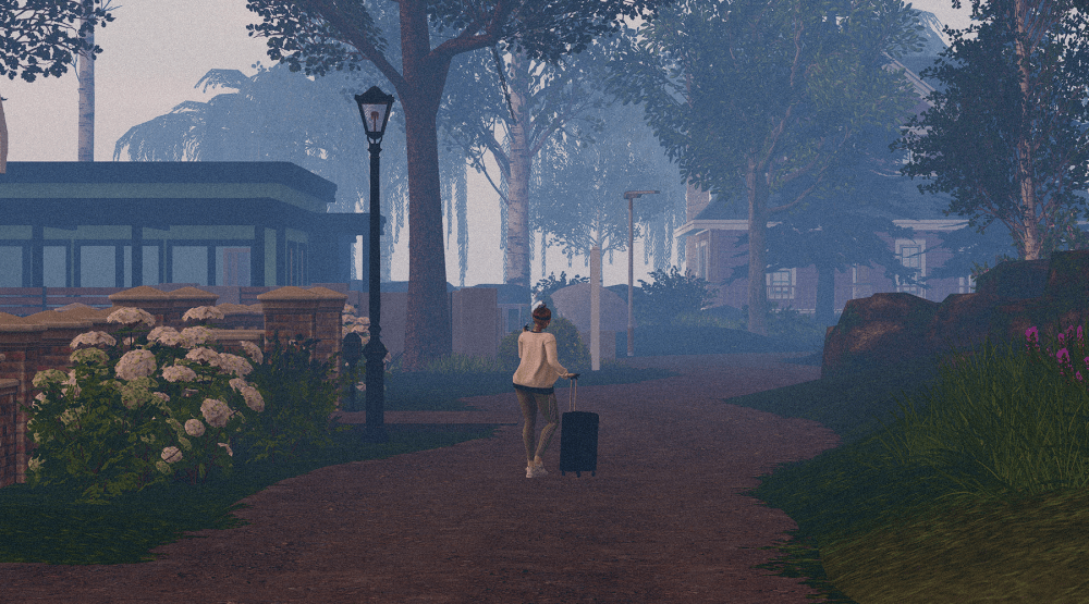 A lone female avatar pulls a suitcase down a quiet, misty road lined with trees, houses, and streetlamps in Second Life, creating a feeling of leaving one place behind and heading somewhere new.