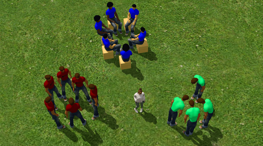 Overhead view of a female avatar standing alone on grass between three separate groups of identical male avatars in different coloured shirts, illustrating cliques, exclusion, and the challenge of finding community in Second Life.
