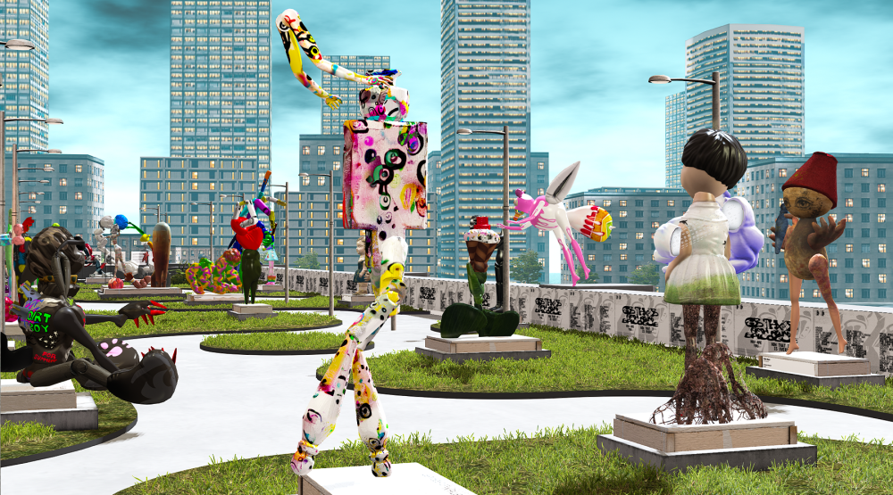 A colorful outdoor sculpture garden at the GBTH Art Incubator in Second Life, featuring whimsical and surreal statues on pedestals— including a tall abstract humanoid figure covered in bright paint patterns, a floating pink rabbit-like character, and several quirky figures. The sculptures are arranged along a curved walkway with grass patches, set against a backdrop of modern high-rise buildings under a blue sky.
