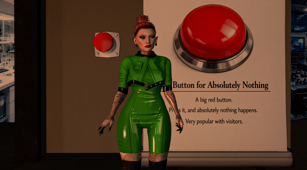 An avatar in a bright green latex outfit stands next to the “Button for Absolutely Nothing” exhibit in the Second Life Museum of Useless Inventions, featuring a large red button that proudly does absolutely nothing when pressed.