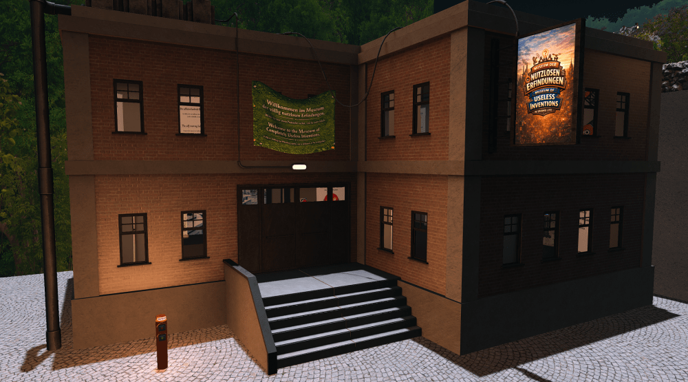 The brick exterior of the Museum of Useless Inventions in Second Life, a modest building with banners welcoming visitors to explore its collection of humorous and completely unnecessary inventions.