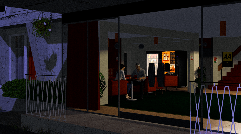 Through the glass front of a quiet hotel lobby in Second Life, two avatars sit opposite each other in orange lounge chairs, deep in conversation beside a brightly lit coffee vending machine. The softly lit, almost empty space contrasts with the dark exterior, creating a reflective, slightly melancholic atmosphere that suits a discussion about community, creativity and the changing economics of the virtual world.